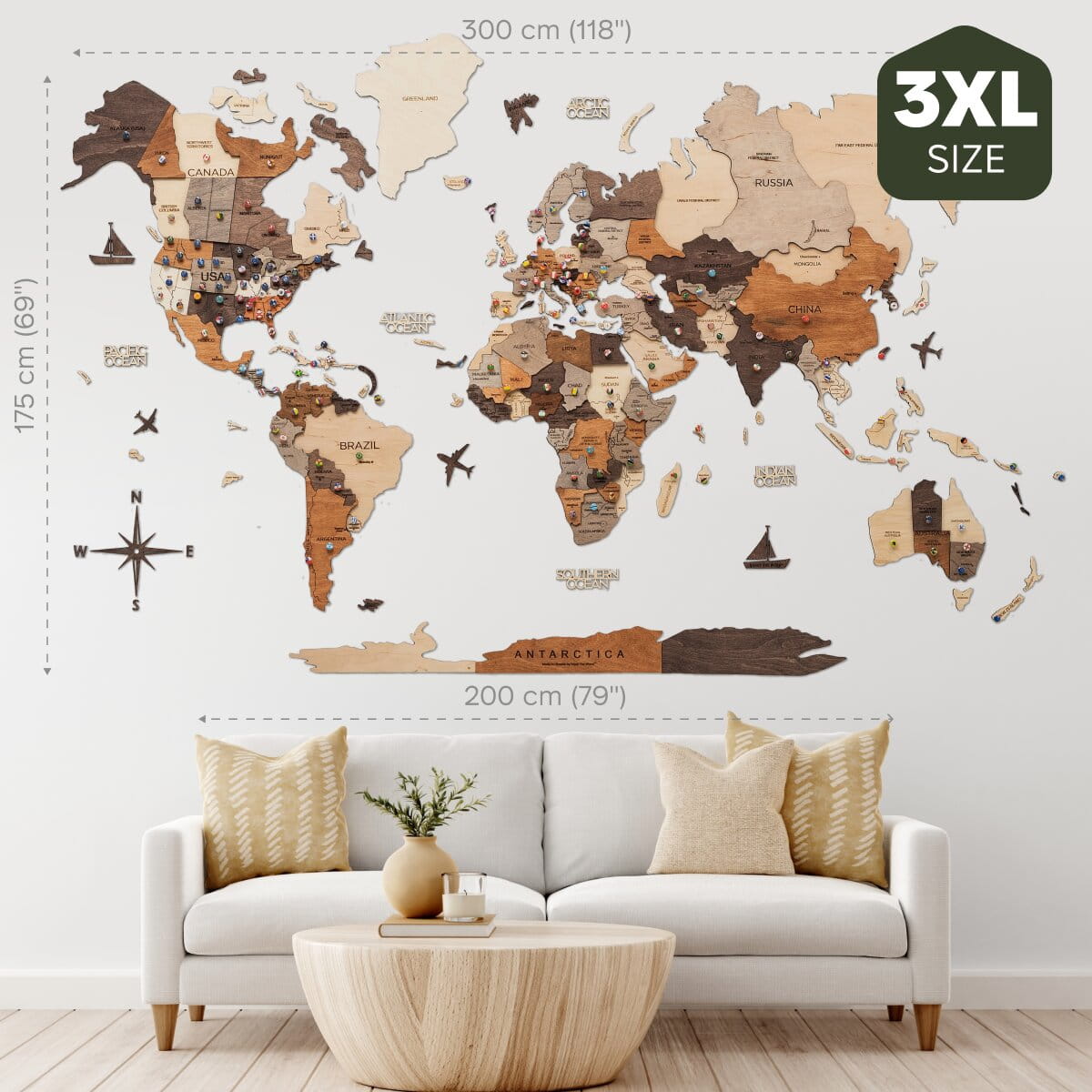 3D Wooden World Map Multicolor